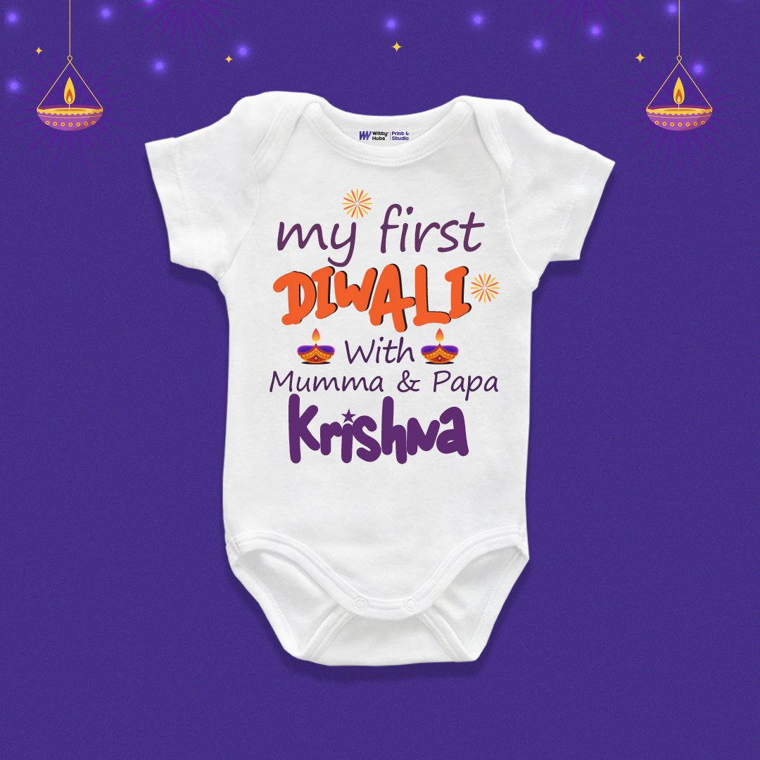 Cuttest little pataka Customize Onesie_Romper My first diwali with papa and mumma krishna Customize Onesie_Romper - Image 1