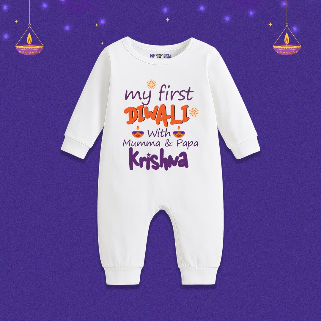 My First Diwali With Mummy And Papa Customize Sleep Suit My First Diwali With Mummy And Papa krishna Customize romper - Image 1