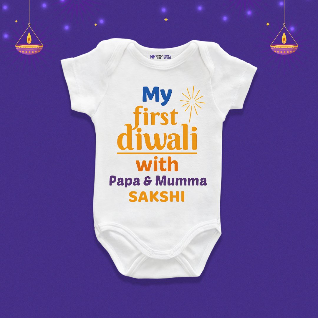My first diwali with papa and mummaCustomize Onesie_Romper My first diwali with papa and mumma sakshi Customize Onesie_Romper - Image 1