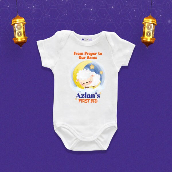From prayer to our arms Azlan's first eid Customized Onesie