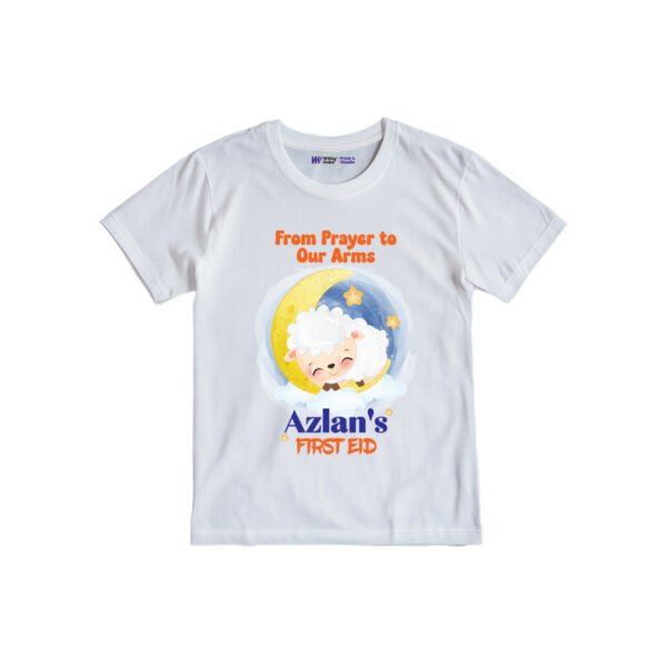 From prayer to our arms Azlan's first eid Customized Tshirt